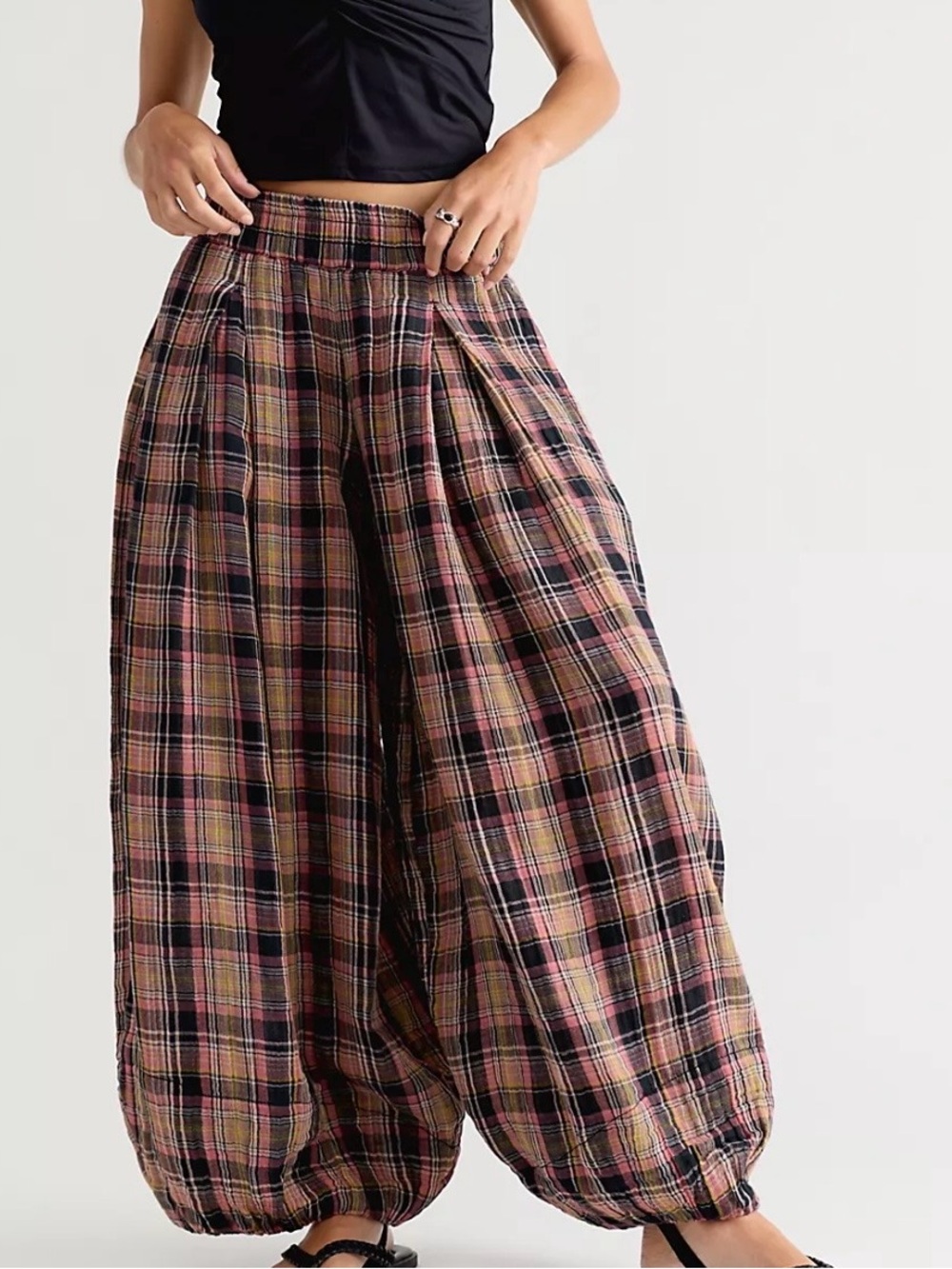 Free People Pink Plaid Wide-Leg Balloon Pants